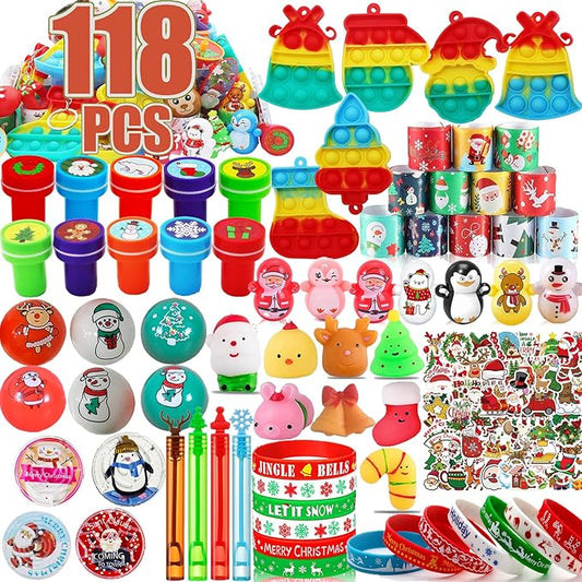 118 Pcs Christmas Party Favors for Kids,Fidget Treasure Box Toys for Classroom Prizes,Pinata Filler,Goodie Bag Stuffers,Treasure Chest,Stocking Stuffers,Prize Box Bulk Mini Toys for Boys Girls
