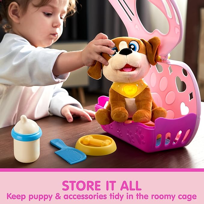 JOYIN Toy Dog for Toddlers, Play Puppy Toy with Carrier & Accessories, Plush Dog with Interactive Button, Lights & Sounds, Pet Care Set for Kids 1 2 3 4 Years Old, Birthday Gifts for Girls