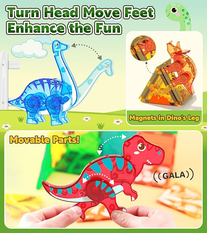 Magnetic Tiles Dinosaurs Magnet Building Blocks Toys for Kids Ages 3-5 4-8 8-12 Creative Animals Educational Stack Tile Construction for Boys Girls Toddlers 5-7 Year Old to STEM Learning