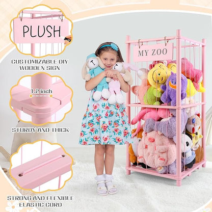 GLDZI Stuffed Animal Storage Zoo, Wooden Stuffed Animal Organizer with Elastic Cords for Boys Girls, Space Saving Toy Plushies Storage Holder for Playroom, Bedroom, Living Room (Pink, Small)