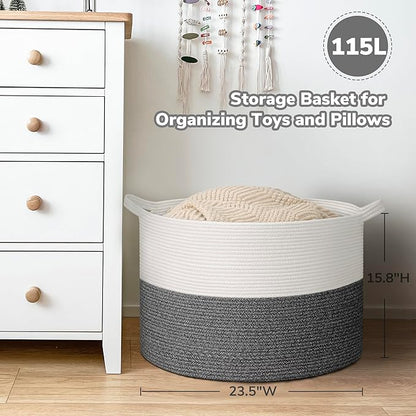 Goodpick 115L Extra Large Blanket Basket, Soft Cotton Rope Storage Basket for Organizing, Home Decor, Toys, Toy Storage Organizer for Living Room & Nursery, Grey