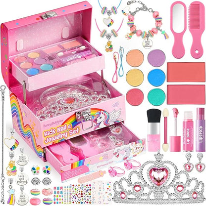 Kids Makeup Kit for Girls, Real Washable Cosmetic Set with Mirror, Jewelry Bracelet Making Kit for Kids Makeup Toy, Kids Makeup Sets for Girls 4 5 6 7 8 9 10 11 12 Years Old Kid (Pink)