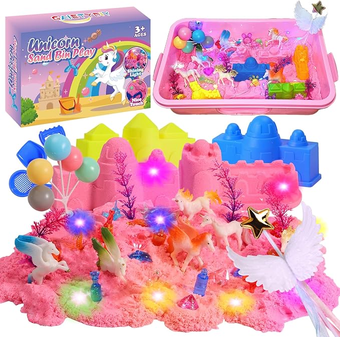 GAIETYDIY Unicorn Magic Sand Kit for Girls, Sensory Bins for Toddlers with LED Light, 2.2lbs Sensory Sand, Castle Decoration, Sandbox with lid, Unicorn Play Set, Beach Toy Gift for Kids 3 4 5 6 7 8…