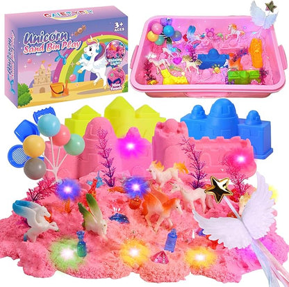 GAIETYDIY Unicorn Magic Sand Kit for Girls, Sensory Bins for Toddlers with LED Light, 2.2lbs Sensory Sand, Castle Decoration, Sandbox with lid, Unicorn Play Set, Beach Toy Gift for Kids 3 4 5 6 7 8…