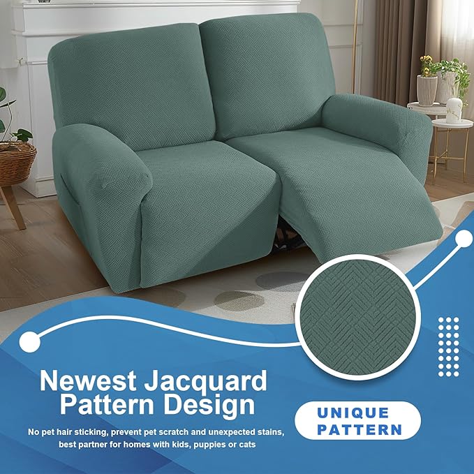 JIVINER 4 Pieces Recliner Loveseat Covers Stretch Recliner Sofa Slipcover with Elastic Bottom Jacquard Fitted Reclining Couch Cover Furniture Protector with Pockets (2 Seater, Pea Green)