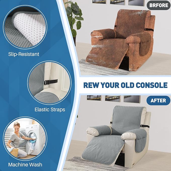 Easehomey 100% Waterproof Recliner Chair Covers with Non-Slip Backing & Pockets, Rocking Chair Sofa Cover with Elastic Band, Machine Washable Furniture Protector for Kids, Pets (Light Grey,23.6")