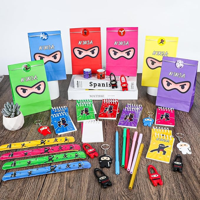 84pcs Karate Party Favor Colorful Karate Paper Bag Notepad Pen Slap Bracelets Key Chain TPR Stretchy Flying Toys Stickers Karate Party Supplies for Boys Girls Birthday Classroom Activities Party Kits