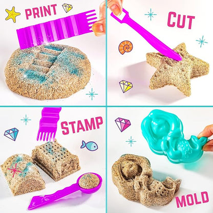GirlZone Mermaid Sensory Sand Kit, 2lbs Moldable Play Sand for Kids Aged 3+, Magic Sand with Gems, Tools & Portable Treasure Chest, Kids Toys for Playdates, Party Games & Gifting
