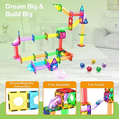 PicassoTiles 120pc Magnetic Tile Marble Run Set STEM Construction Toy with Track Building Blocks Educational Learning Compatible for Brain Development Creativity Coordination Kids Age 3 Plus PTG120