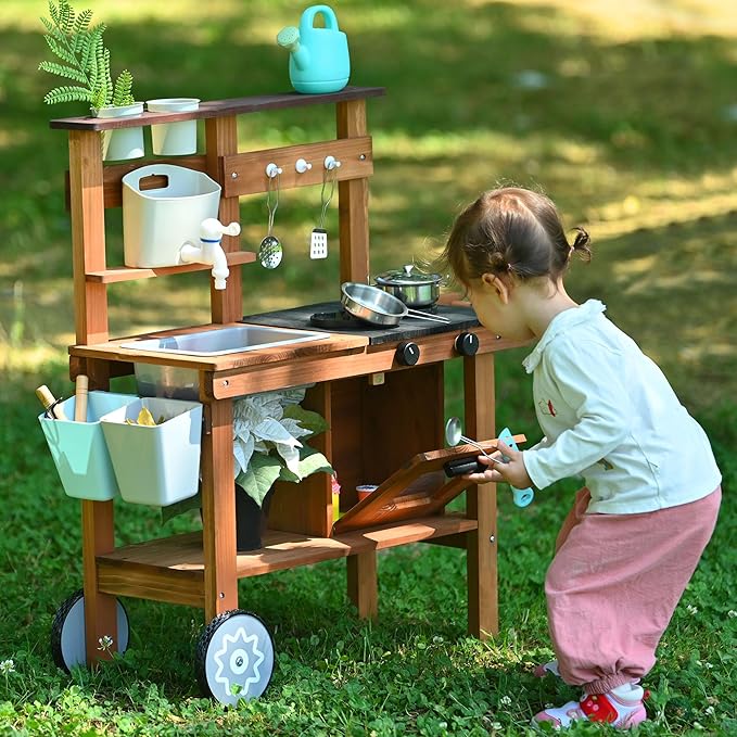 Mud Kitchen for Kids Outdoor,Wooden Play Kitchen with Removable Sink, Faucet,Storage Shelves, Backyard Garden Toddler Kitchen Playest, Kitchenware, Stove, Gift for Boys and Girls