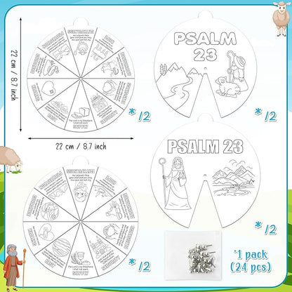 COcnny Psalm 23 Christian Coloring Craft - 24 Sets Color Your Own Religious Bible Wheel Cards for Kids, Baptism Verse Art Coloring Paper Game DIY Jesus Biblical Activities for Sunday School Class Home