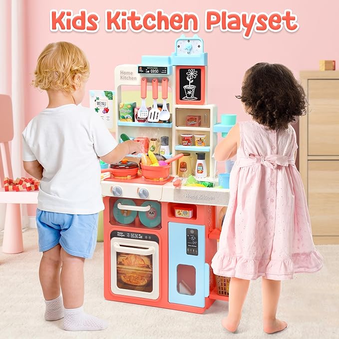 HOLYFUN Kids Kitchen Playset, Kitchen Set for Toddler with Sound and Light, Cooking Stove with Steam, Play Sink and Toy Kitchen Accessories, Pretend Kitchen Toys for Kids Girls Boys, Pink