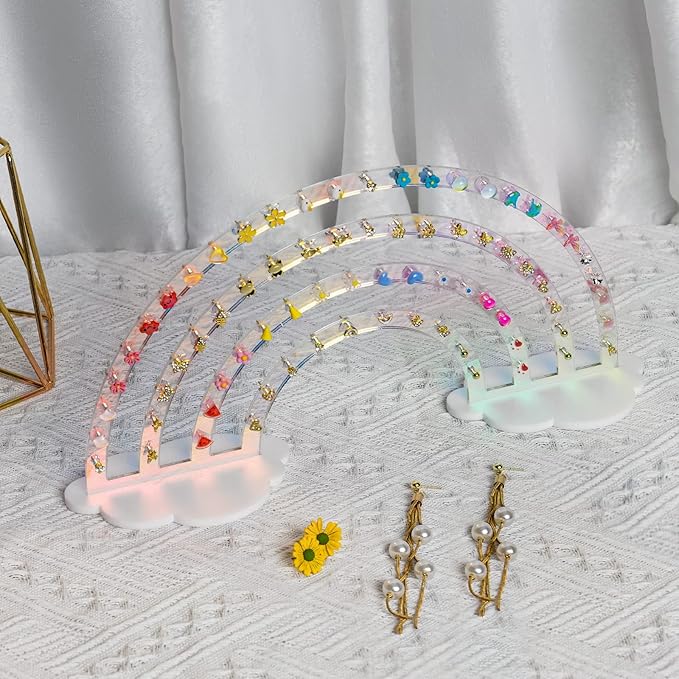 NiHome Iridescent Earring Organizer Set - 74-Hole Display Rack for Studs, Dangles and Hoops - Rainbow Iridescent Finish - Clear Acrylic - Ideal for Girls and Women