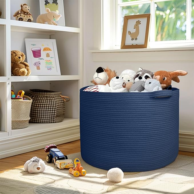 MEGASKET 115L Dark Blue Basket for Organizing, 23.6" x 15.7" XXXL Woven Cotton Rope Laundry Basket, Oversized Blanket Storage for Living Room Bedroom, Kids Toy Box Organizer, Pool Towel Storage Bin