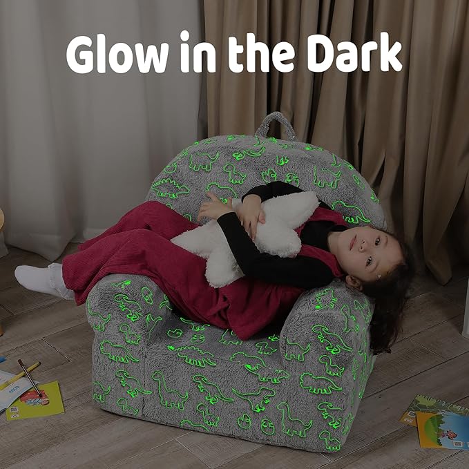 Dinosaur Glow in The Dark Kids Sofa with Star Throw Pillow, High Back Toddler Chair Glow in The Dark for Boys and Girls, Grey