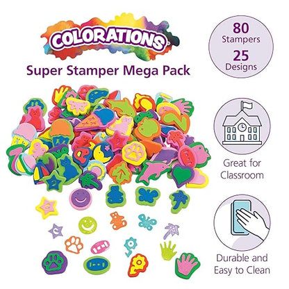 Colorations Mega Foam Stamper Mix, Bulk, Value Pack, 80 Stamps, 25 Assorted designs, EVA Foam, for Kids, Arts & Crafts, Educational, Gift, Non-Toxic, Learning, Stamping