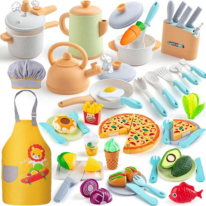 Sundaymot Play Kitchen Accessories Toddler Pretend Cooking Play Pots, with Apron, Toys Pots and Pans, Dishes Cookware Toys, Pre School Learning Educational Toys, Birthday Gifts for Boys and Girls