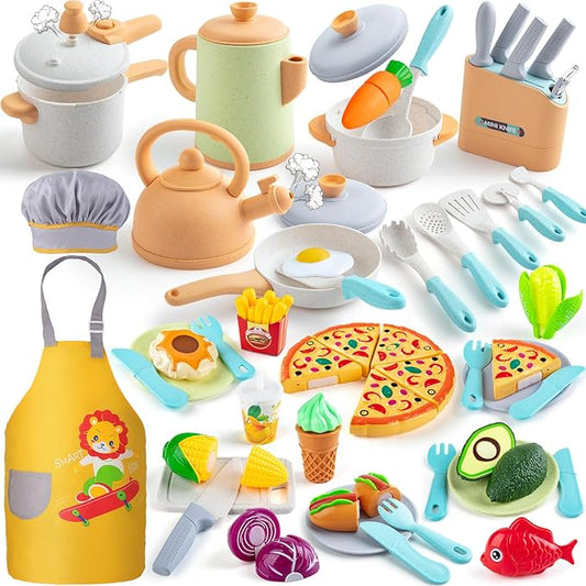 Sundaymot Play Kitchen Accessories Toddler Pretend Cooking Play Pots, with Apron, Toys Pots and Pans, Dishes Cookware Toys, Pre School Learning Educational Toys, Birthday Gifts for Boys and Girls