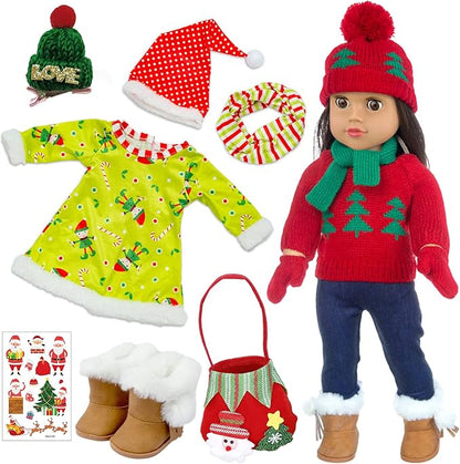 UNICORN ELEMENT 2 Sets Christmas Doll Clothes and Accessories Fit 18 Inch Girl Doll Christmas Santa Costume Including Christmas Dress, Sweater, Hairpin, Hat, Scarf, Boots, etc