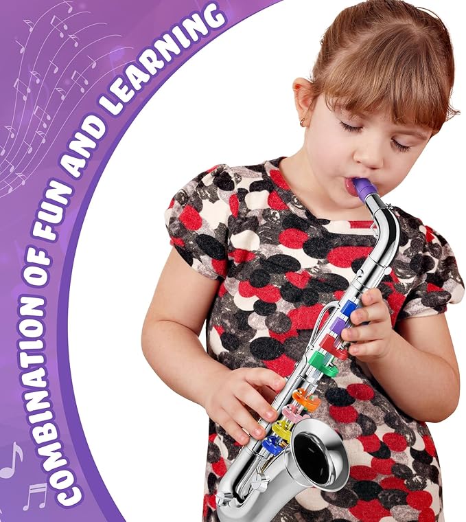 Lewtemi Silver Saxophone Musical Instruments Toy for Kid Toddler Fake Plastic Preschool Music Toy Gift Portable Wind Instrument Early Educational Teaching Songs Toy Gifts for Toddlers Children