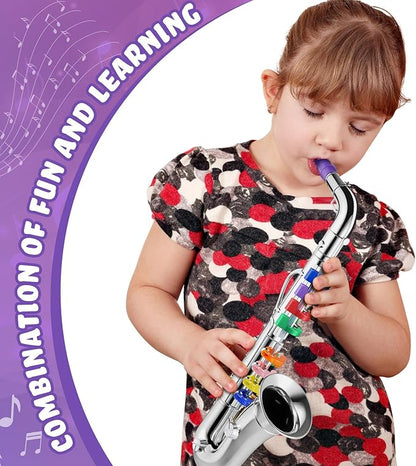 Lewtemi Silver Saxophone Musical Instruments Toy for Kid Toddler Fake Plastic Preschool Music Toy Gift Portable Wind Instrument Early Educational Teaching Songs Toy Gifts for Toddlers Children