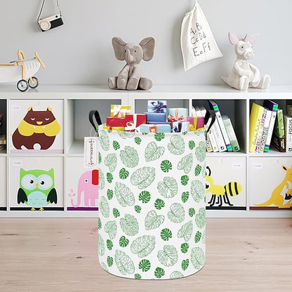 QUEENLALA Large Storage Basket,Laundry Hamper/Bathroom/Home Decor/Collapsible Round Storage Bin,Boys and Girls Hamper/Boxes/Clothing(Round-Green Leaf)
