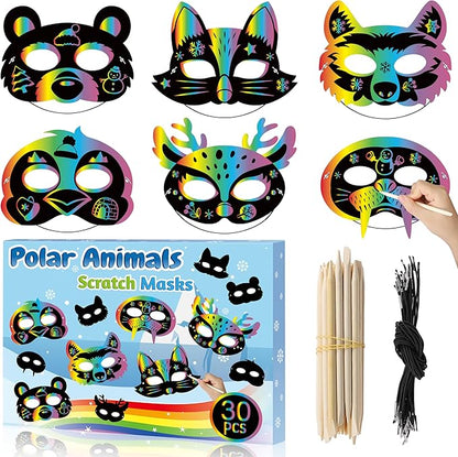 B1ykin 30Pcs Polar Animals Scratch Mask Gift Set, DIY Magic Winter Arctic Animal Scratch Masks Craft Kit for Kids, Color Paper Party Favors for Birthday School Classroom Art Activity Project