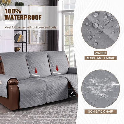 KinCam 100% Waterproof Recliner Sofa Covers, Non-Slip Reclining Couch Covers for 3 Seat, Recliner Couch Cover Furniture Protector with Elastic Straps for Pets, Kids, Light Gray