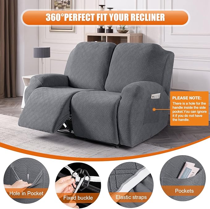 VANSOFY Recliner Cover, 2-Pieces Stretch Reclining Couch Cover with Pockets Loveseat Sofa Slipcovers Soft Washable Furniture Protector for Dogs Cats(Dark Gray)