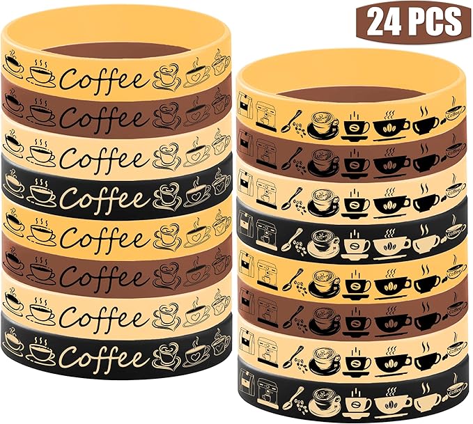 24PCS Coffee Themed Rubber Bracelet Party Favors Latte Coffee Silicone Bracelet Birthday Hoilday Baby Shower Party Supplies Decorations