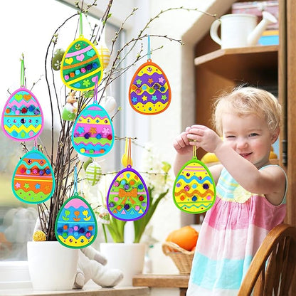 24 Sets Easter Egg Ornaments Decorations DIY 3D Easter Craft Kits Assorted Foam Easter Egg Shaped Ornaments Easter Stickers Pom-poms for Kids Party Favors Easter Spring Classroom Activity Art Project