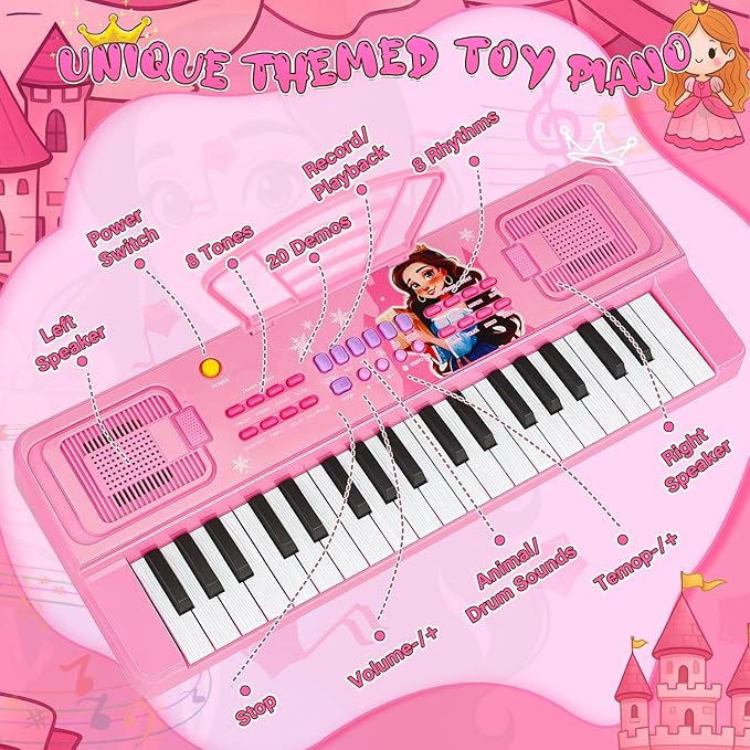 Upgraded 37 Keys Kids Piano Keyboard with Mini Microphone Music Stand – Portable Musical Toys for Toddlers Ages 3 4 5 6 Girls Birthday Gift - Pink