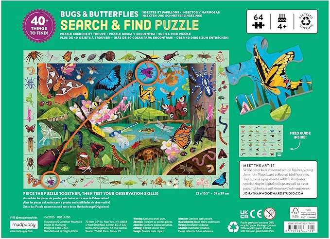 Mudpuppy Bugs & Butterflies — 64 Piece Search & Find Puzzle Jigsaw Puzzle Featuring Diverse Bugs and Insects and Over 40 Hidden Images to Find for Ages 4+