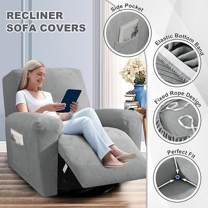 JIVINER Recliner Chair Covers, Jacquard 3 Piece Slipcovers for Recliner Chair Soft Stretch Lazy Boy 1 Seater Reclining Protector with Pockets (Recliner, Light Grey)