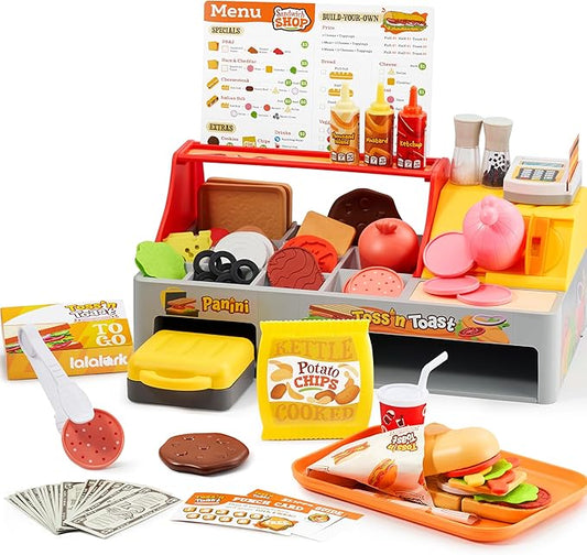 Play Kitchen Food Toy - 40 PCS Toss ‘n Toast Sandwich Making Set with Magic Slicer, Menu Guide and Panini Toy - Interactive Order & Takeout & Checkout Fun for Girls Boys Toddlers