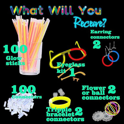 Glow Sticks 207Pcs Bulk Party Pack 8” Glow In The Dark Sticks Glow Party Supplies Bracelets And Glow Eyeglasses And Necklaces Earrings Favors For You... (207PCS)