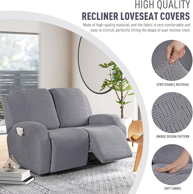 KinCam Recliner Covers, Stretch Reclining Chair Covers, Recliner Sofa Slipcovers Stripe Jacquard Recliner Couch Covers Furniture Protector Covers for Pet Kid (2 Seater, Light Gray)