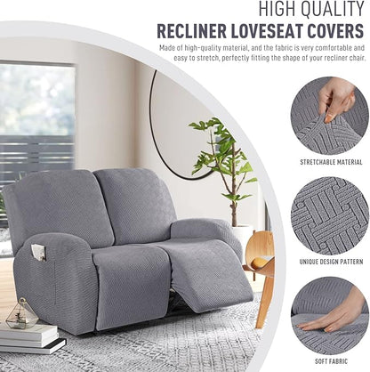 KinCam Recliner Covers, Stretch Reclining Chair Covers, Recliner Sofa Slipcovers Stripe Jacquard Recliner Couch Covers Furniture Protector Covers for Pet Kid (2 Seater, Light Gray)