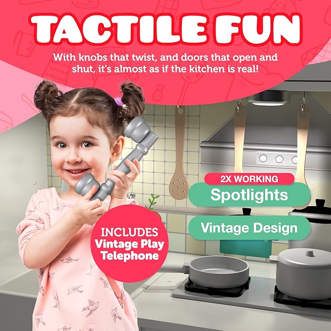 Play Kitchen - Wooden Kitchen Playset for Toddlers & Kids - Large Pretend Kitchenette for Boys & Girls - Step by Step Assembly Video Included- with 9 Kitchen Toy Accessories - Ages 3+