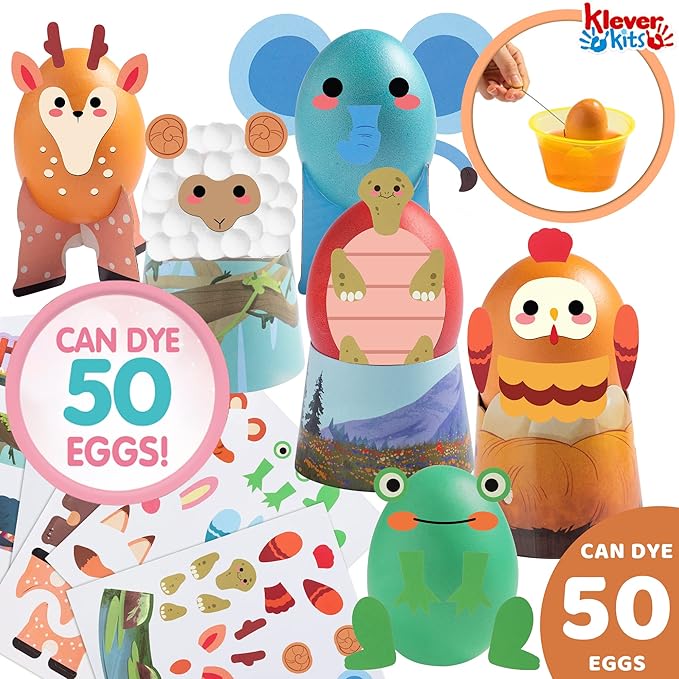 Klever Kits 53Pcs Easter Egg Decorating Kit, Easter Egg Dye Kit with Animal Decorated Papercuts, Face Stickers for Kids Easter Party Favor, Creativity Activity, Egg Hunt, Easter Party Decorations
