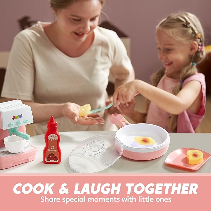 Play Kitchen Toys with Realistic Lights& Sounds, Pretend Play Toy Set for Girls Boy, Color Changing Breakfast Playset, Christmas Birthday Gift for Kids, Pink