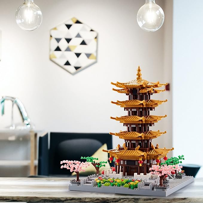 Chinese Ancient Famous Architecture Micro Building Blocks Set for Adults Yellow Crane Tower with Sakura Tree Cherry Plants, Toys for Kids Age of 14+ 2200 pcs