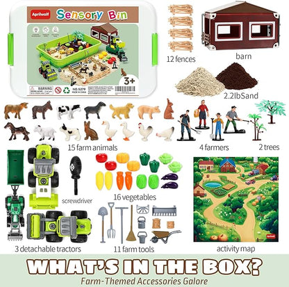 Aprilwolf 69 PCS Farm Sensory Bin Toys Playset, Sandboxes with Sand, Farmer Tractor & Farm Animals Figures Toys for Kids 3 4 5, Gifts for 6 7 Years Old Boys Girls Toddlers