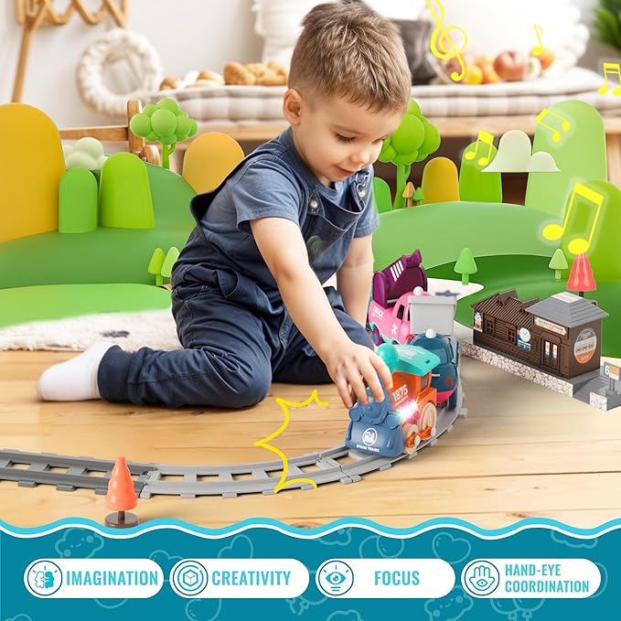 Electric Train Set for Toddlers, Kids Train Set w/Music, Lights & Train Tracks - First Choo Choo Train for Toddlers, Magnetic Train Toys for Toddlers, Birthday Gifts for Boys Girls