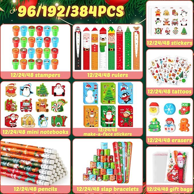 BenLouis Christmas School Stationery Set Party Favors Xmas Classroom Gift Prizes Bulk for Students Kids Holiday Stockings Pinata Filler Christmas School Goodie Bag Stuffers Decor（12set Christmas）