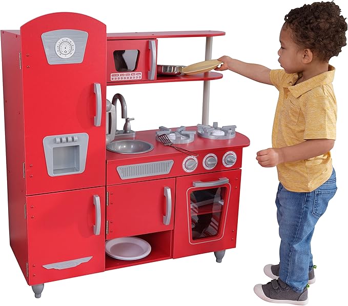 KidKraft Red Vintage Wooden Play Kitchen with Stainless Steel-Look Trim, Play Phone