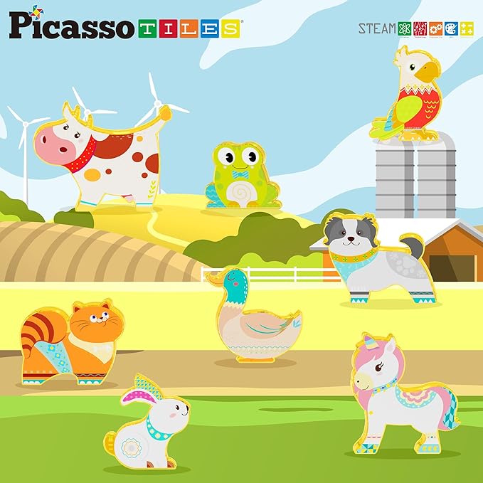 PicassoTiles Magnet Tile Building Blocks 8 Magnetic Farm Animal Action Figures Characters Construction Tiles Compatible Pretend Play Preschool Toy STEM Education Learning Girls Boys Ages 3+ PTA27
