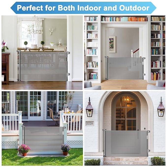 56 Inch Retractable Baby Gate for Stairs Retractable Dog Gates for Doorways Outdoor Baby Gates for Decks Indoor Dog Gates for The House Extra Wide Baby Gate Stair Gates for Kids or Pets Deck Gate Gray