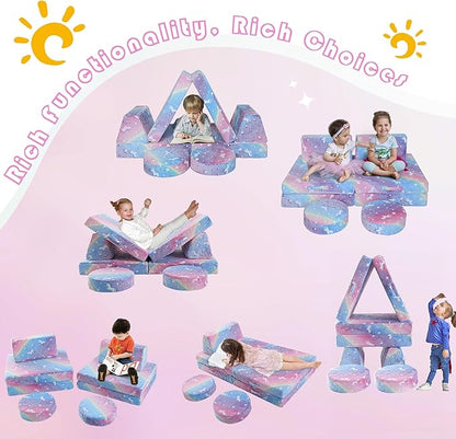 MeMoreCool Modular Glow Sofa for Kids, 8-Piece Convertible Foam Couch Play Set with Unicorn, Rainbow, and Star Pattern for Toddlers and Playroom