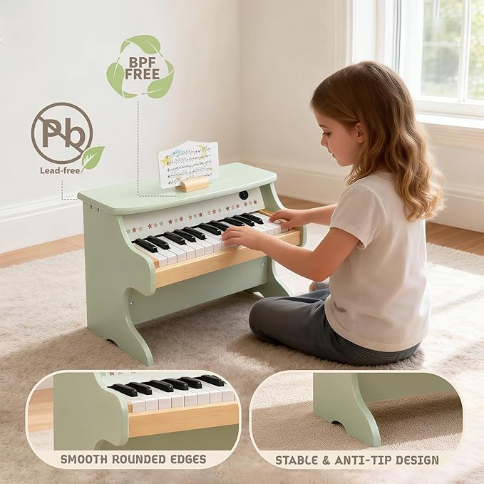Freniland Wooden Kids Piano, 25 Keys Mini Piano Keyboard for Toddlers, Premium Music Educational Instrument for Boys and Girls Age 3+ (Green)